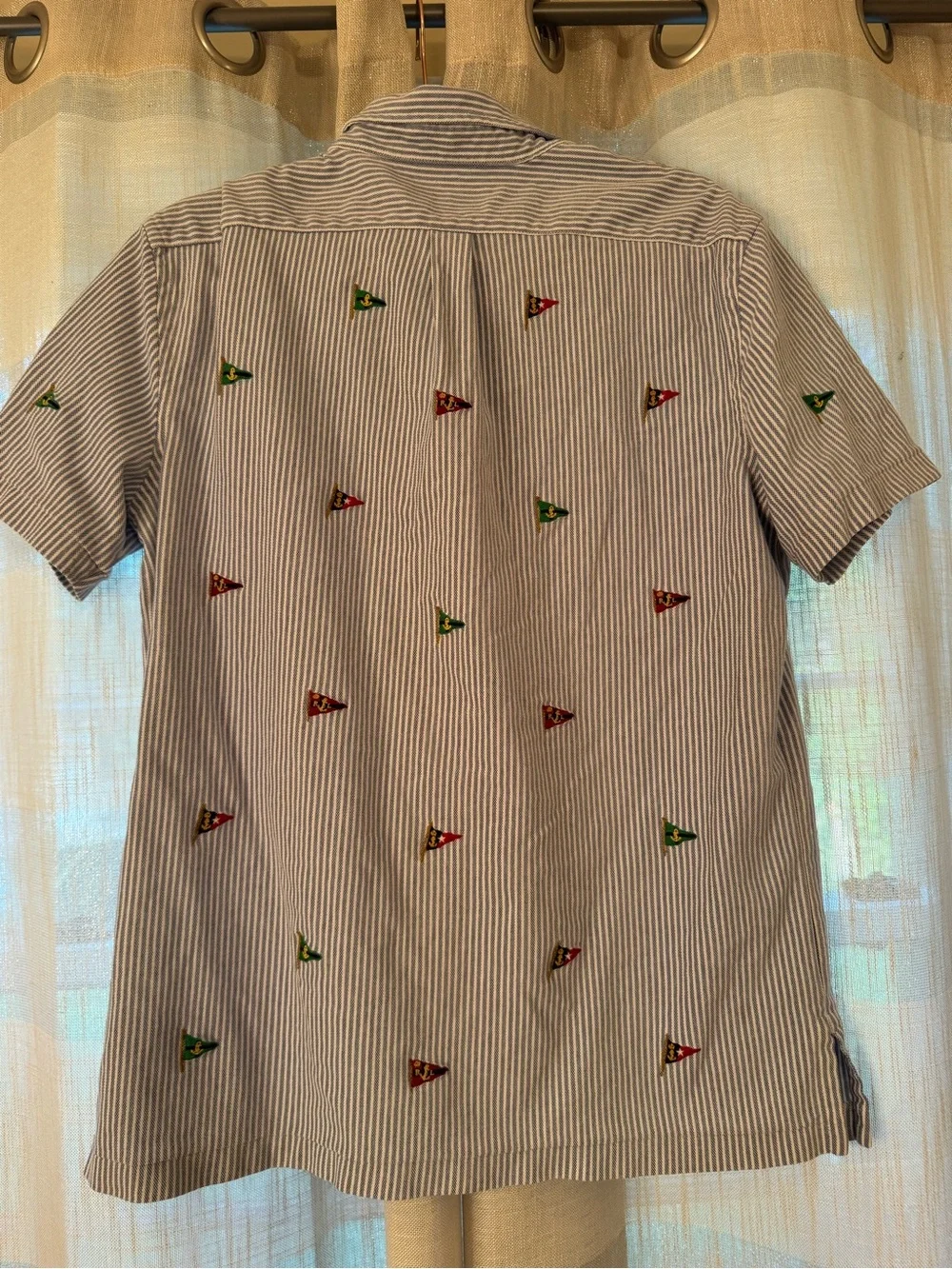 Ralph Lauren Blue and White Striped Short-Sleeve Polo with Embroidered Pennants